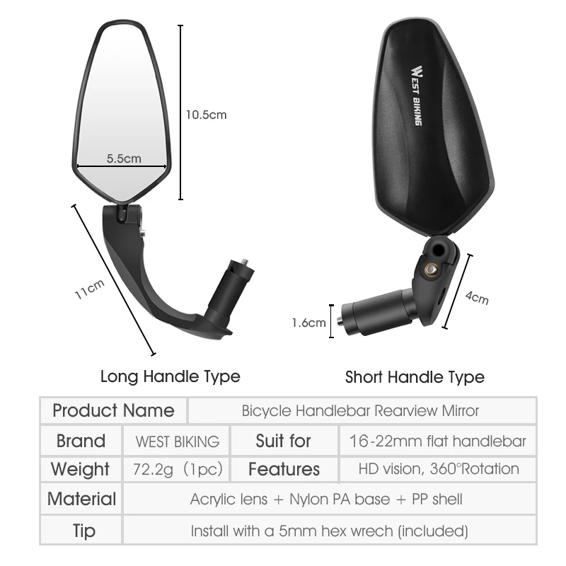 

WEST BIKING Bicycle Rearview Handlebar Plug Mirror 360 Rotate Adjustable HD Mirror Safety Easily Install Bike Accessories