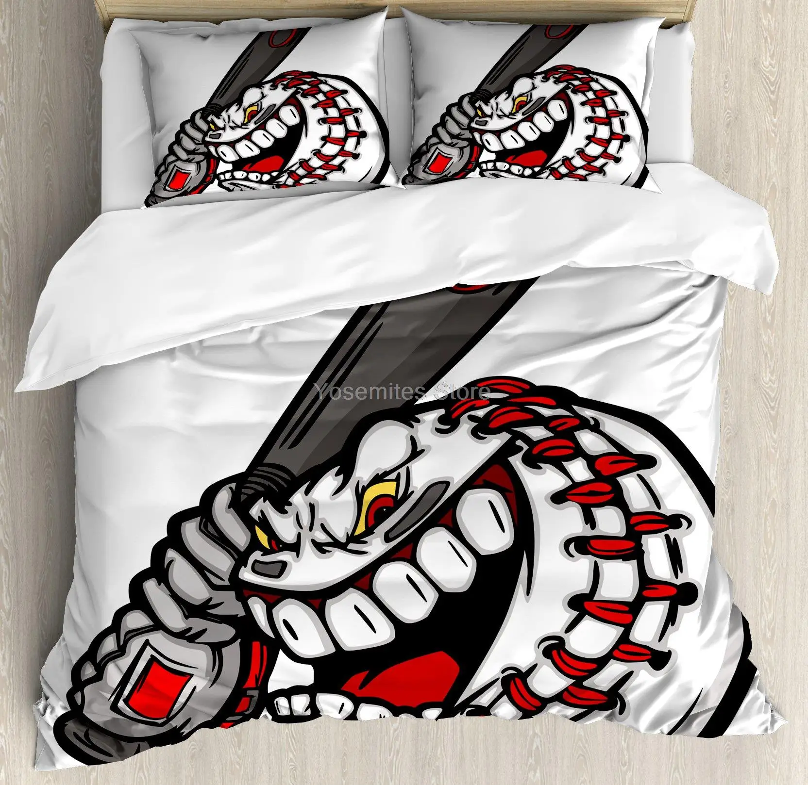 

Lunarable Sports Duvet Cover Set, Funny Cartoon Style Scary Aggressive Baseball Ball Face Holding a Bat, Decorative 3 Piece Bedd