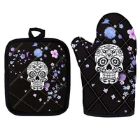 funny skull floral print microwave oven mitt baking accessories kitchen insulation pad set of 2 cooking glove potholder guantes