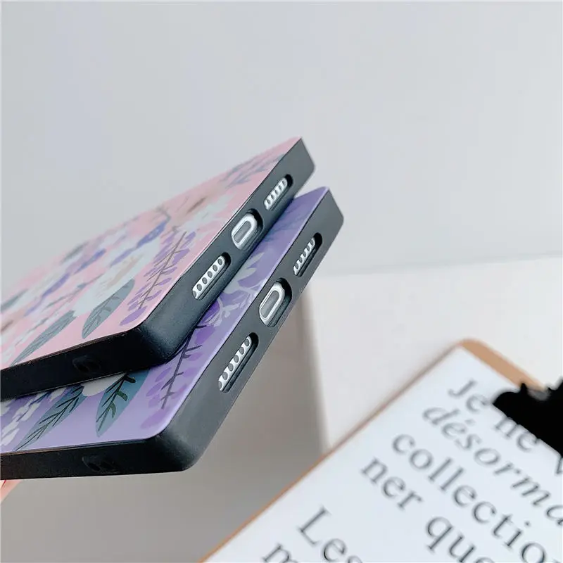 

Vintage Flower Square Phone Case For iPhone 11 11Pro Max XR XS Max X XS 7 8 Plus 11Pro SE 2020 Finger Ring Holder Back Cover