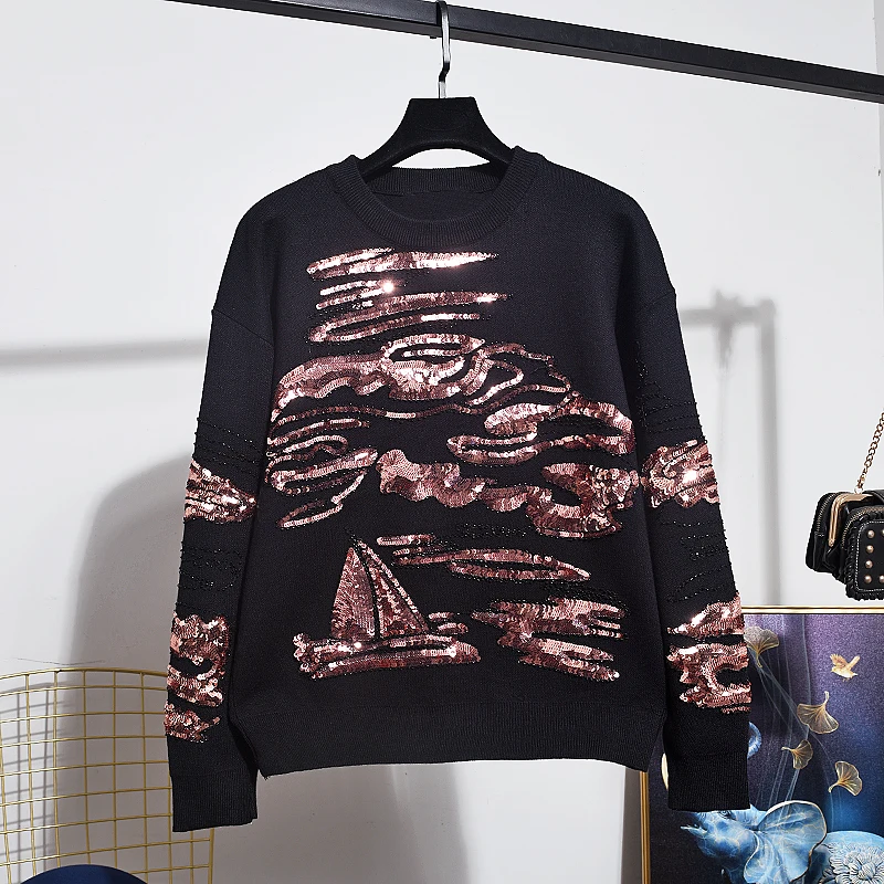 Осенняя новая женская одежда модный вязаный свитер со стразами и блестками с