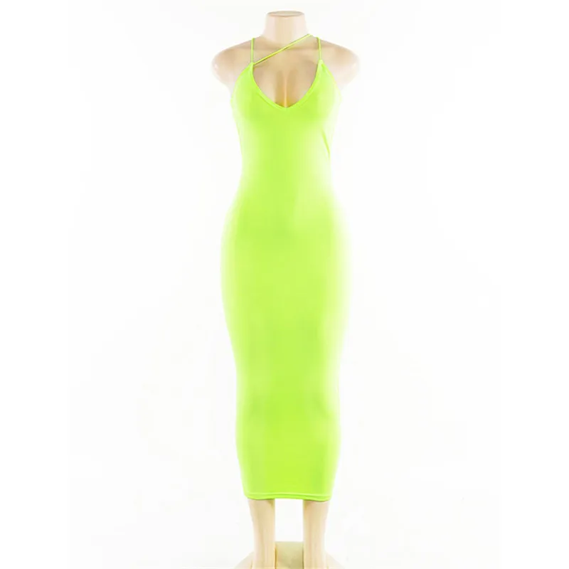 Fluorescent Yellow Новинка, неоновое Сексуальное Женское Платье для ночного клуба, миди, летнее, женское, элегантное, вечерние, ФЛУОРЕСЦЕНТНОЕ, с открытой спиной, на бретельках, облегающее платье, PR272G - Цвет: Fluorescent Yellow