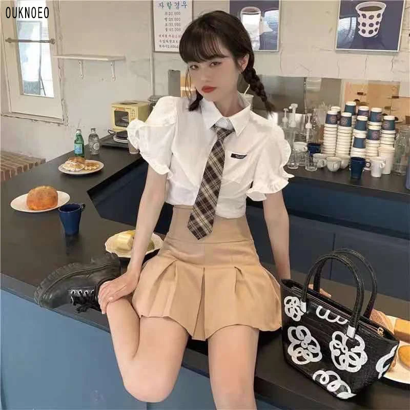 

Women's Pleated Skirt Khaki Korean Preppy Style High Waist Skirt + Lace Plaid Tie Top 2021 Summer Sweet Sexy Woman Skirt Suit