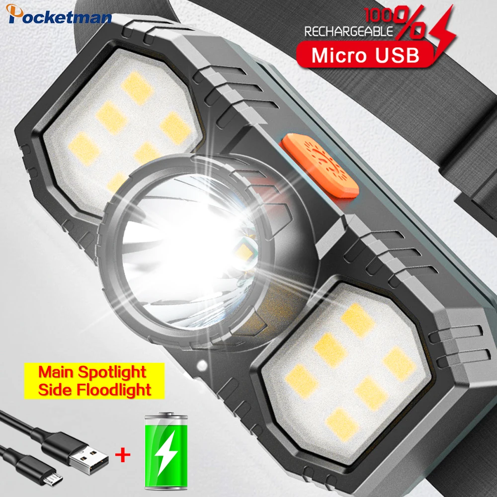 

High Lumen Spotlight and Floodlight 2 in 1 LED Headlamp USB Rechargeable Headlight Camping Flashlight Head Light Torch Lantern