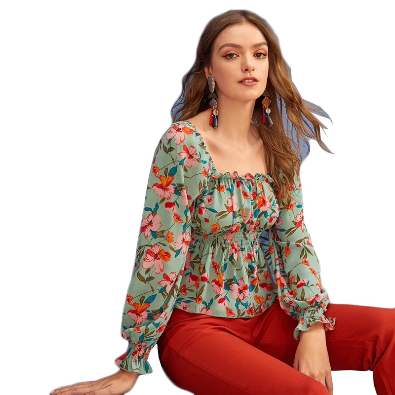 Dotfashion Бохо с квадратным вырезом Цветочный принт блузка Для женщин Осенняя эластическая Фонари рукава блузки Повседневное с низким вырезом на спине, Топ