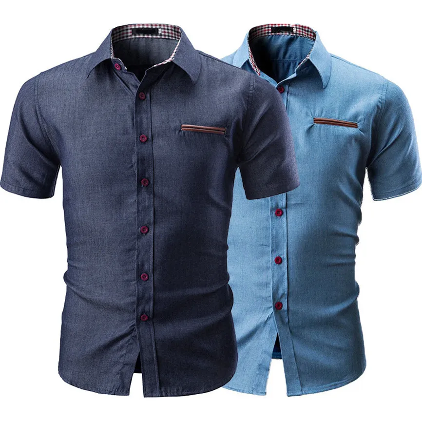 2019 Fashion Denim Shirt Men Slim Fit Camisa Masculina Solid Color Male Casual Short Sleeve | Мужская одежда