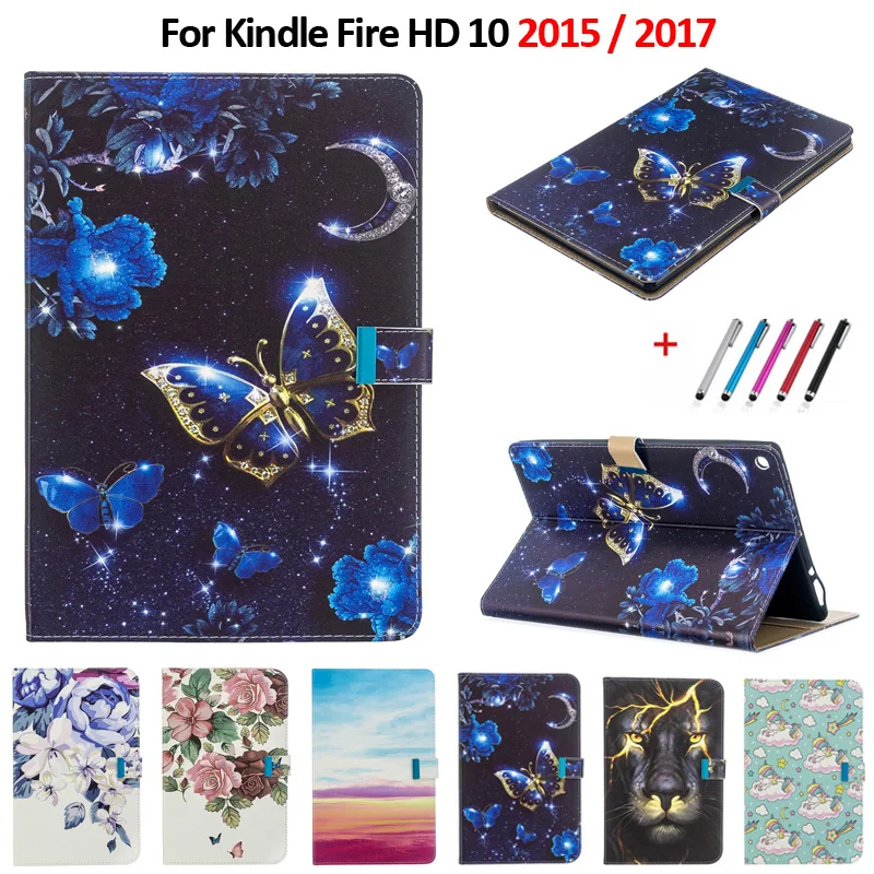 

Чехол для планшета Amazon Fire HD 10, чехол с бабочками и цветами, чехол-подставка для Amazon Fire HD 10 2015 2017, чехол + ручка
