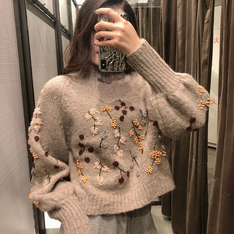 Свитер Женский вязаный с цветочной вышивкой длинным рукавом Осень-зима 2020 |