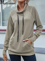 2021 new autumn winter women long sleeve turtleneck sweatshirt hoodie fashion solod color drawstring kangaroo pocket pullover
