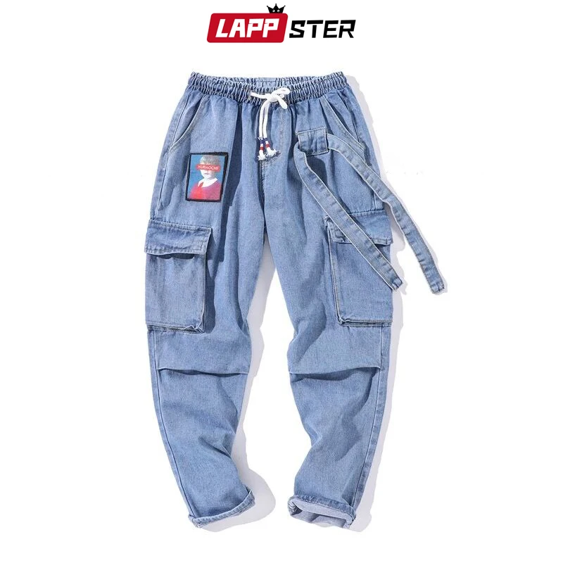 LAPPSTER корейские модные уличные джинсы брюки ленты Harajuku мешковатые джинсы пара высокого качества карманы джинсовые синие брюки