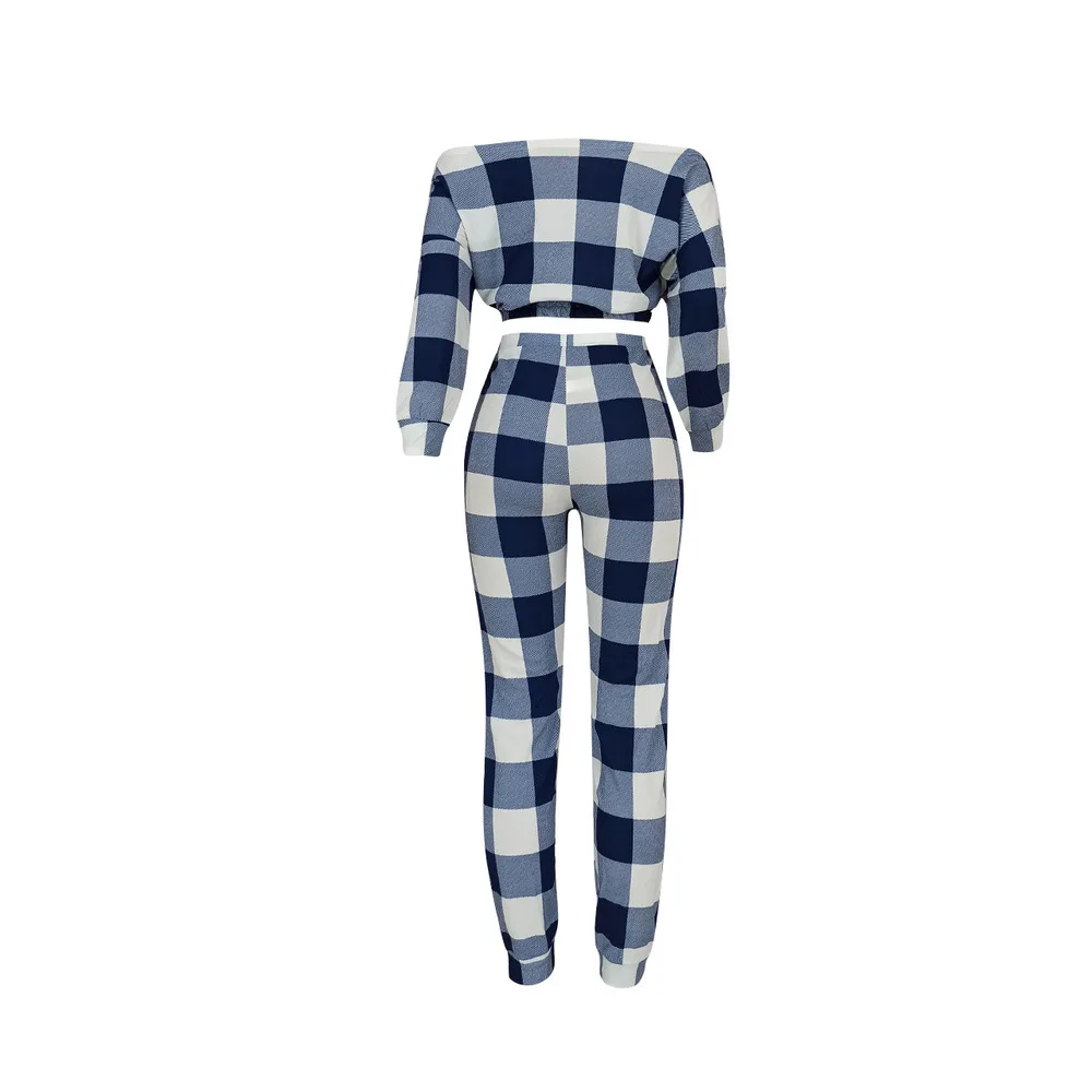 

Plaid Printed Bandage Two Piece Set Women Off Shoulder Long Sleeve Crop Top & High Waist Trousers Sexy Club Party Clothes Outfit