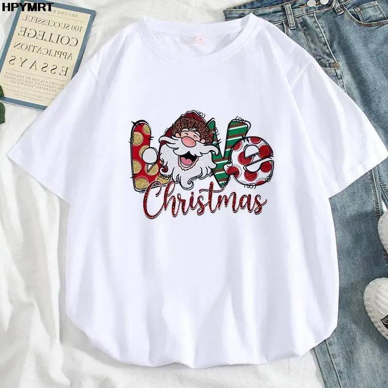 

2022 New Kawaii Santa Claus Printed Women T-shirts Casual Tee Tops Summer Short Sleeve Female T shirt Clothing Merry Christmas