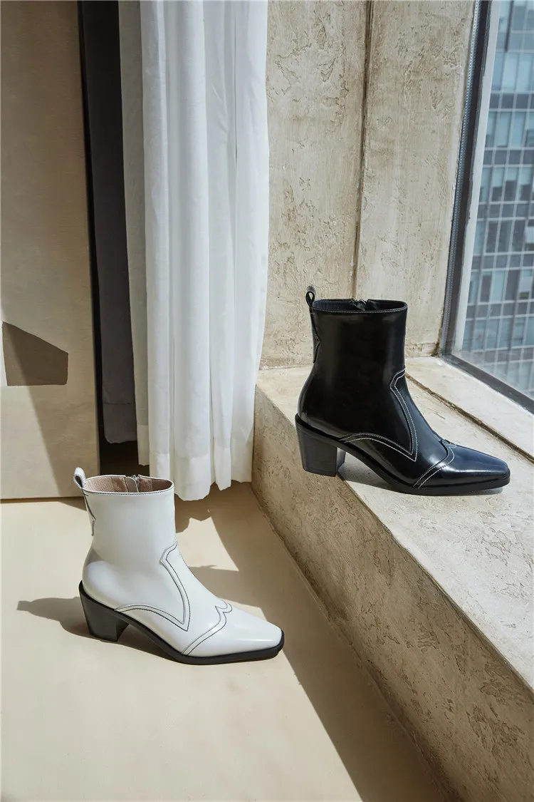 

Fashion Trend Sewing Line Design Side Zipper White Martin Boots Woman Cowhide Thick Heel Square Toe High Heel Black Ankle Boots