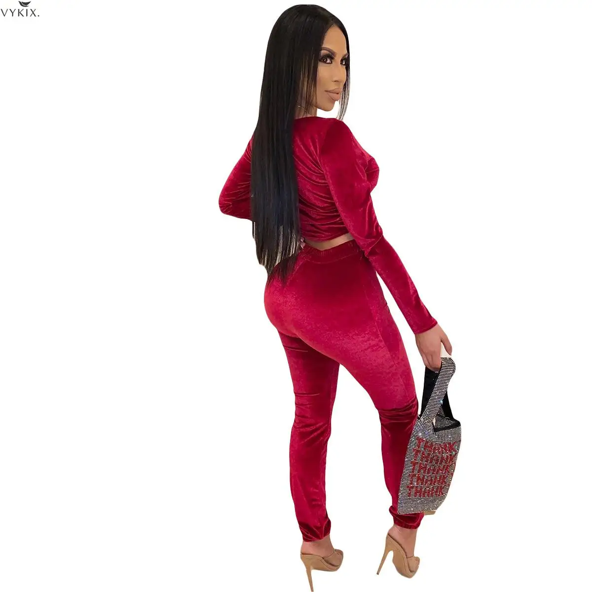 Женский спортивный костюм полный рукав v-образный вырез короткий топ длинные