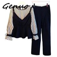 women stripe tops and straight pants two piece set business suits o neck striped flare sleeve top and elastic waist pants outfit