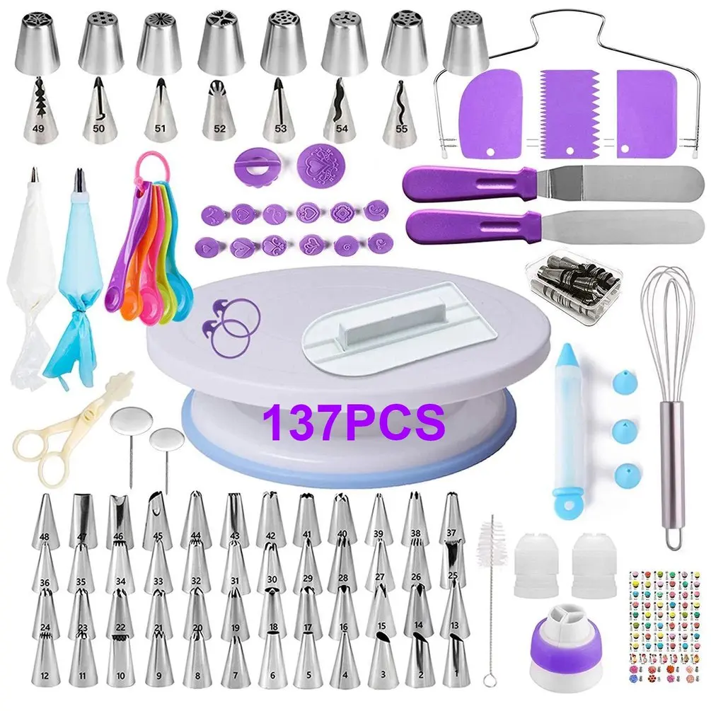

137Pcs/Set Cake Tool Piping Nozzle Piping Bag Set Rotary Cake Turntable Cake Decorating Tools Kit Kitchen Baking Supplies