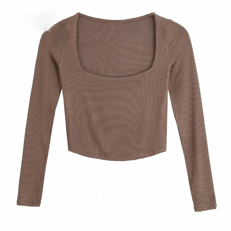 

New Women Simply Square Collar Long Sleeve Chic Camis Tank Ladies Knitted Vest Slim T-shirt Casual Crop Tops French Elegance