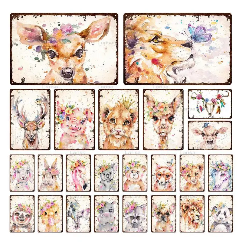 

Beauty Pet Animals Tin Sign Art Flower Deer Poster Metal Painting Girls Cave Home Decor Dog Lion Panda Rabbit Metal Plate