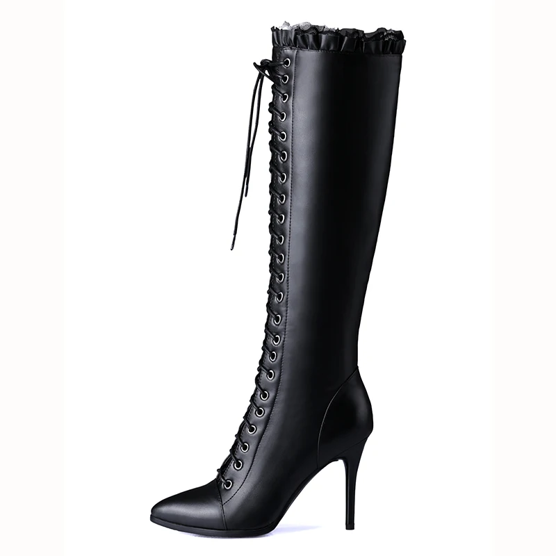 ENMAYER 2020 New Fashion High Quality Women Cow Leather Lace-up Knee Boots Lady Pointed Toe Heel | Обувь