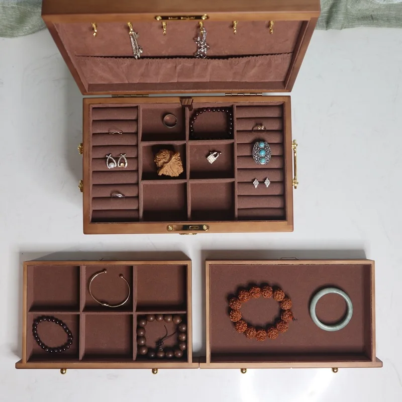 New Three-Layer Solid Wood Jewelry Box Retro With Lock Princess European Style Korean Jewelry Storage Box Wedding Birthday