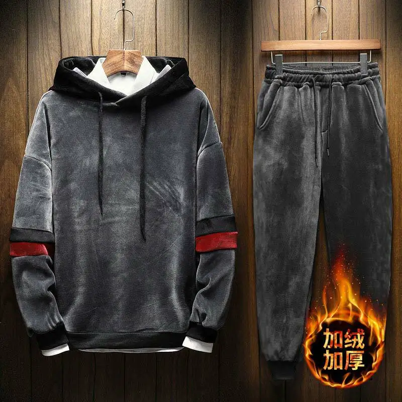 Для мужчин с капюшоном велюр бархатистый материал Спортивный костюм Толстовка