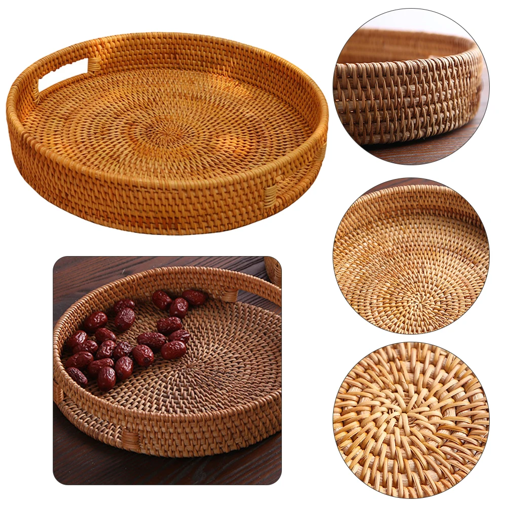 

Rattan Storage Tray Hand Woven Picnic Basket Bread Fruit Snacks Food Storage Baskets Display Desktop Serving Tray With Handle
