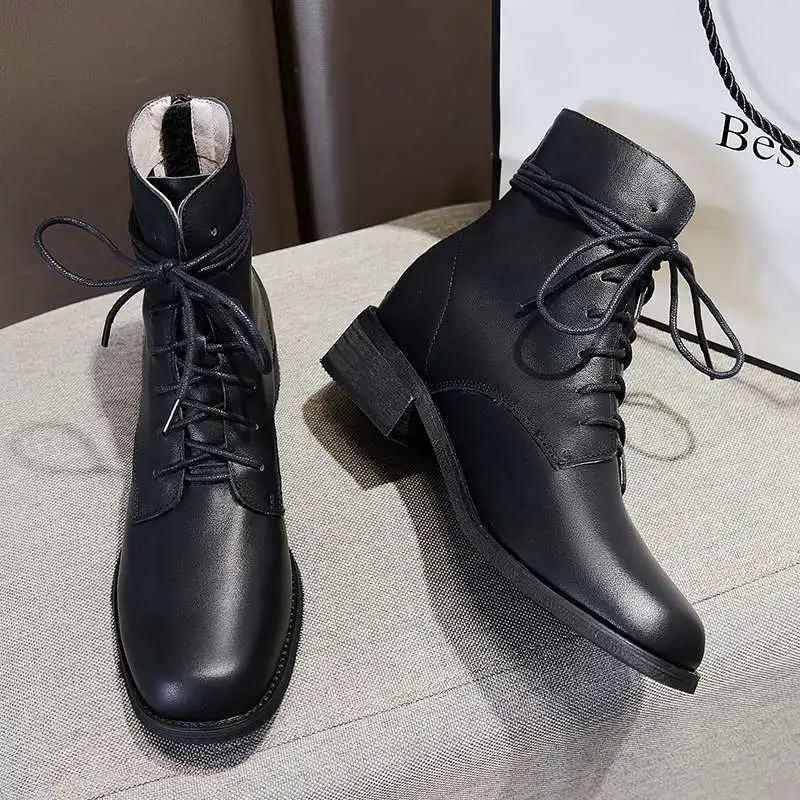 

Lenkise natural leather round toe med heel winter shoes women keep warm cross-tied Korean street pretty girls ankle boots L82