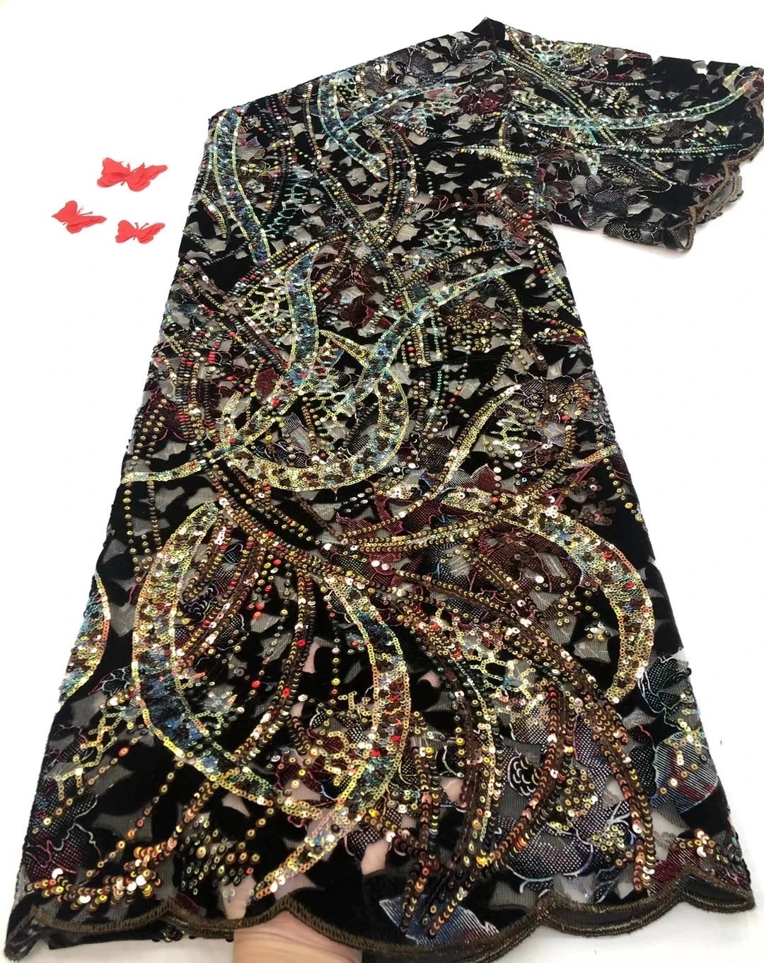 

fashion style eyelet velvet lace fabric with sequins 5yards african velvet lace fabric for lady dress DP2132