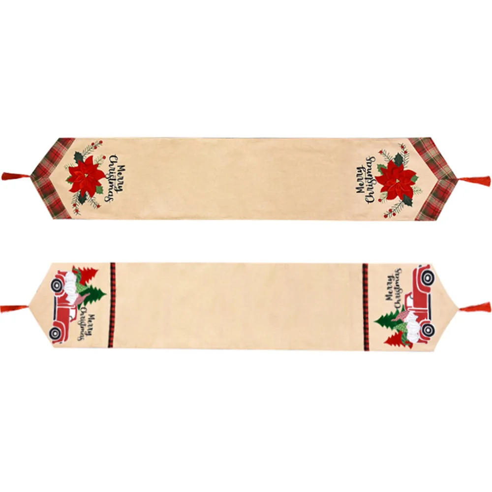 

184*34cm Merry Christmas Red Car Xmas Flower Long Table Runner Cloth Party Dinner Non-slip Table Runner Home Decor