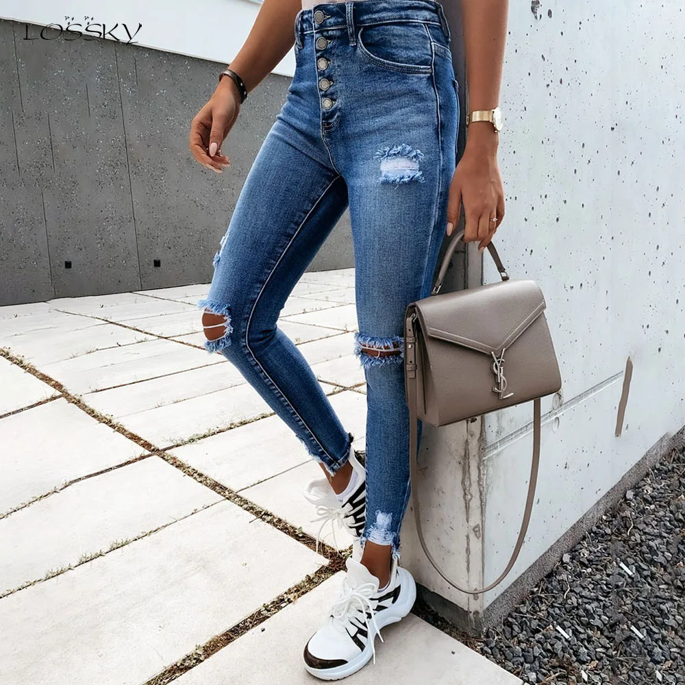 Женские джинсы с низкой посадкой эластичные синие джинсовые рваные брюки