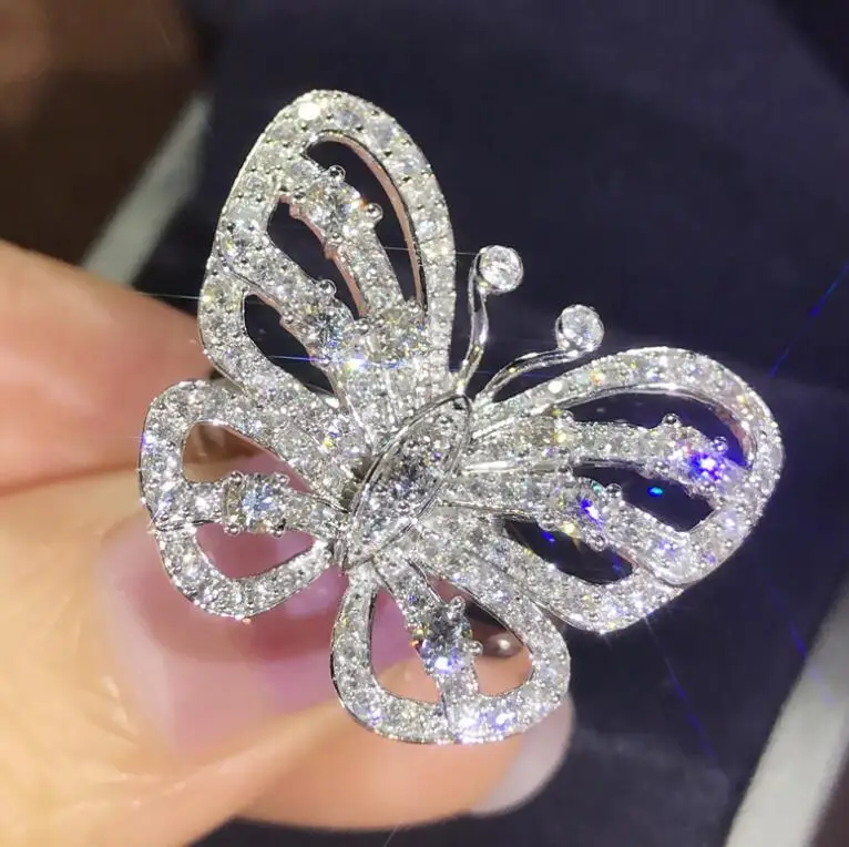 Silver Роскошное серебряное кольцо-бабочка для женщин Блестящий камень циркония инкрустированные женские элегантные модные украшения для коктейля, вечеринки - Цвет основного камня: Silver