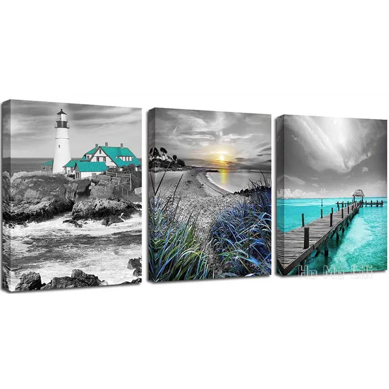 

Canvas Wall Art Ocean Seascape Blue Modern Lighthouse Teal Coastal Sunset Bridge Grey Turquoise Landscape For Home Office Decor