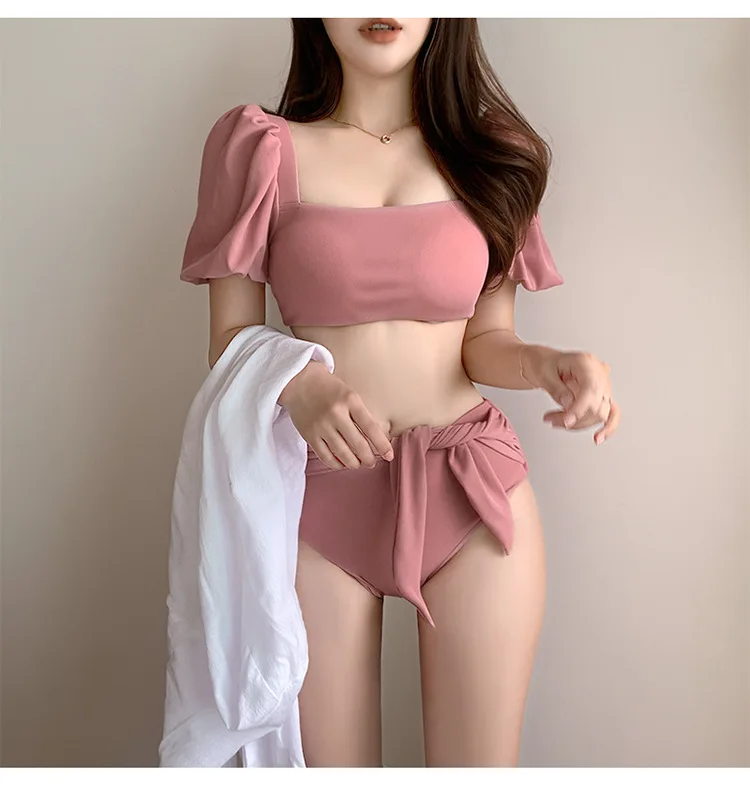 

Женское бикини, соблазнительные бикини, однотонный комплект бикини с пуш-ап и мягкими чашечками, купальник с пышными рукавами и высокой тал...