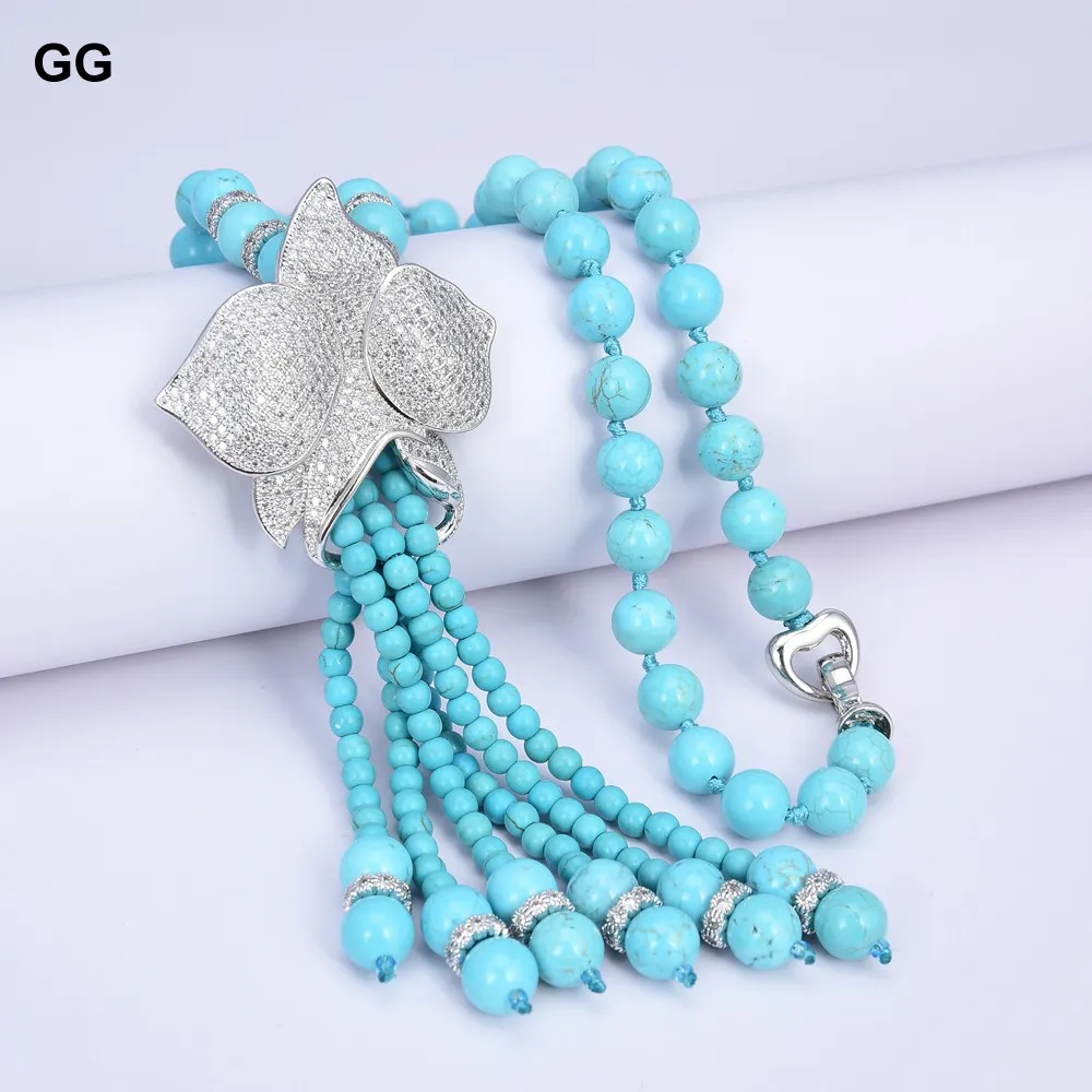 GG Jewelry 25 &quotСиний Бирюзовый камень кубический цирконий паве цветок кисточка кулон