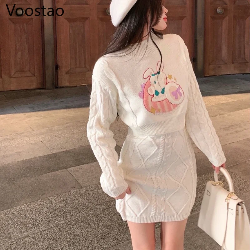 

Women Sets Knitted O-Neck Long Sleeve Cute Crop Tops Kawaii Bunny Embroidery Sweaters Mini Knit Twist Skirts Female Harajuku Set