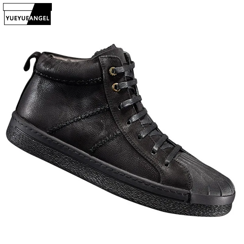 

Men Winter Fleece Lining Warm Cotton Shoes Outdoor High Top Flat Sneakers 100% Genuine Leather Luxury Trainers Zapatillas Hombre