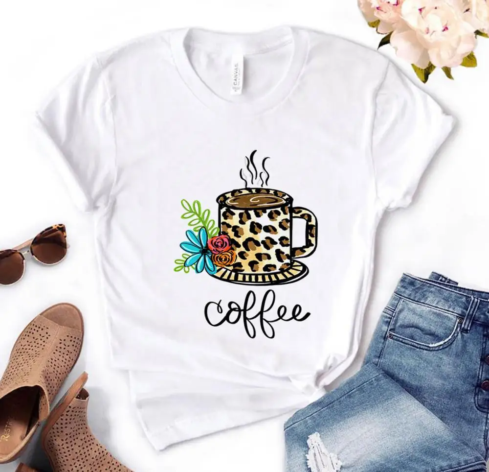 Леопардовая кофейная женская футболка с цветочным принтом хлопковая