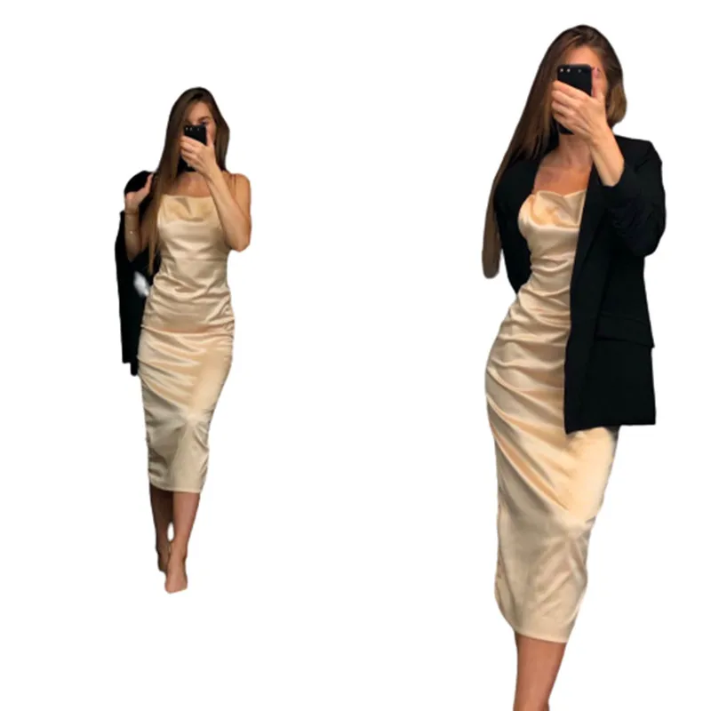 

2 Color Summer Women Ladies Solid Spaghetti Straps Backless Sleeveless Sexy Dresses Bottom Length Adjustable Girl Casual Shirt