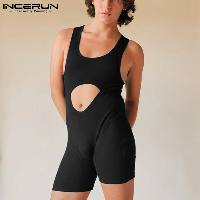 

INCERUN Men's Fashion Casual Style Bodysuit Solid Loungewear Comeforable Rompers Male Front Cutout Hot Sale Jumpsuits S-5XL 2023