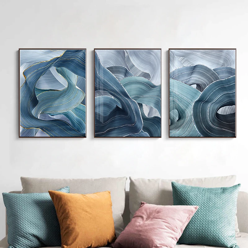 

Modern Painting Abstract Silver Oil on Canvas Painting Golden Blue Poster and Print Wall Art Pictures for Living Room Home Decor