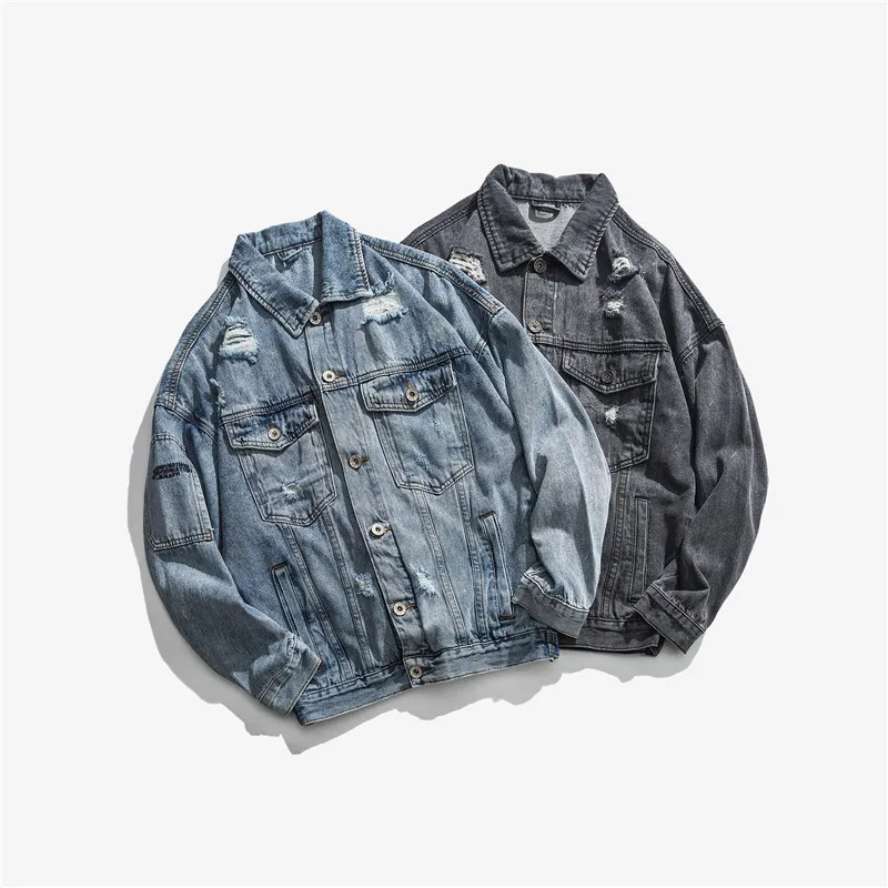 

Distressed Frayed Denim Jacket Male Loose Hip-hop Denim Coat Youth Men and Women Couple Jacket Fashion Long-sleeved Lapel Top