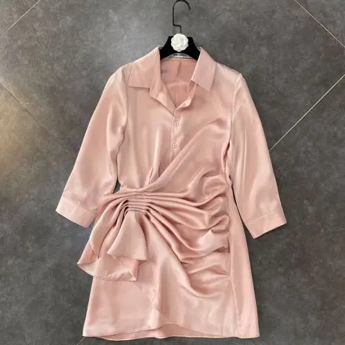 

Shirt Dress Women 2021 Spring Lapel 9-Point Sleeve Irregular Fold Ruffles Mini Dresses Elegant Office Lady Outfits White Pink