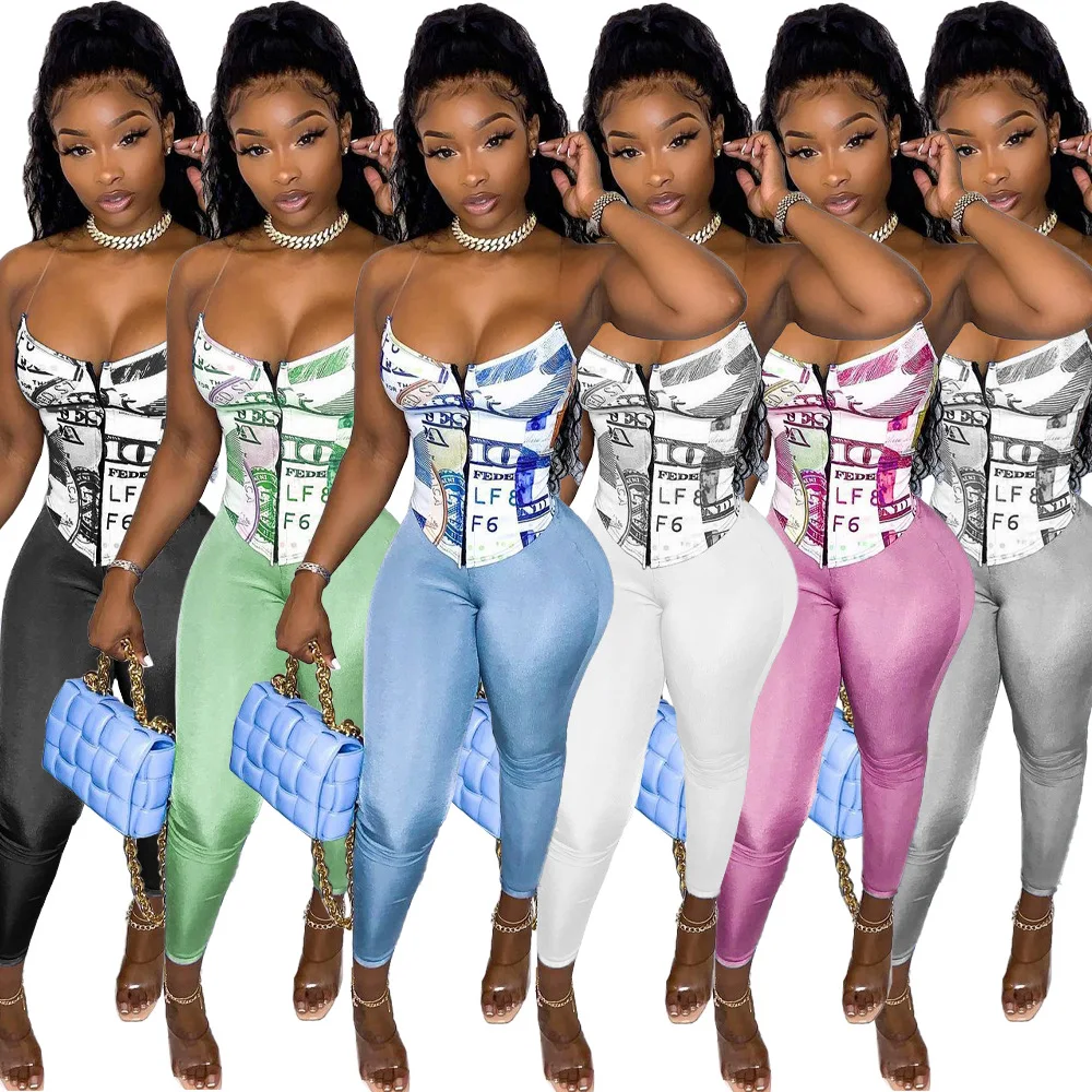 

Sexy Money Crop Top 2 Pieces Sets Women Zipper Top and Long Leggings Pants US Dollar Printed Clubwear Sleeveless Tracksuit 2021