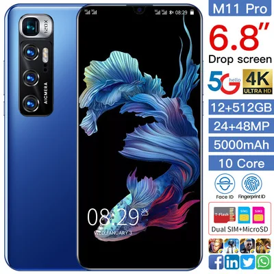

Global Version 6.8" M11 pro Smartphones 12G+512GB 5000mAh Unlocked 48MP Android10 Dual SIM Deca Core Mobile Phone
