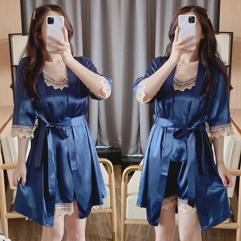 

New Women Pajamas Set Sexy Lace Full Slip Satin Sleepwear Summer New Pijamas Suit Femme Loungewear Comfy Kimono Gown Homewear