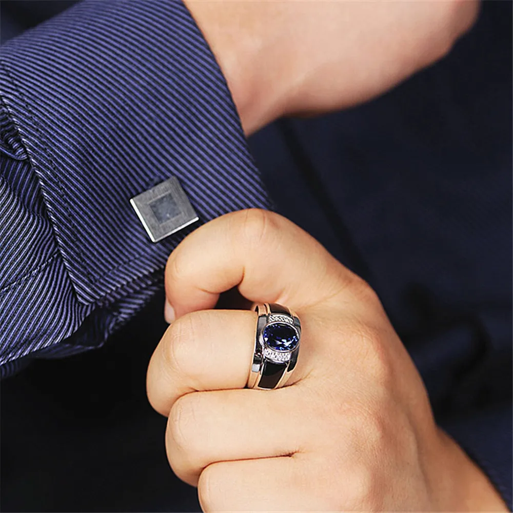 

Fashion sapphire gemstones blue crystal black agate zircon diamonds rings for men white gold silver color jewelry party bague