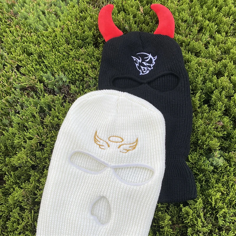Angel and Demon Balaclava Unisex Hats Full Face Cover Ski Mask Hat Army Tactical Cs Windproof Knit Cap Warm Couples Beanies |