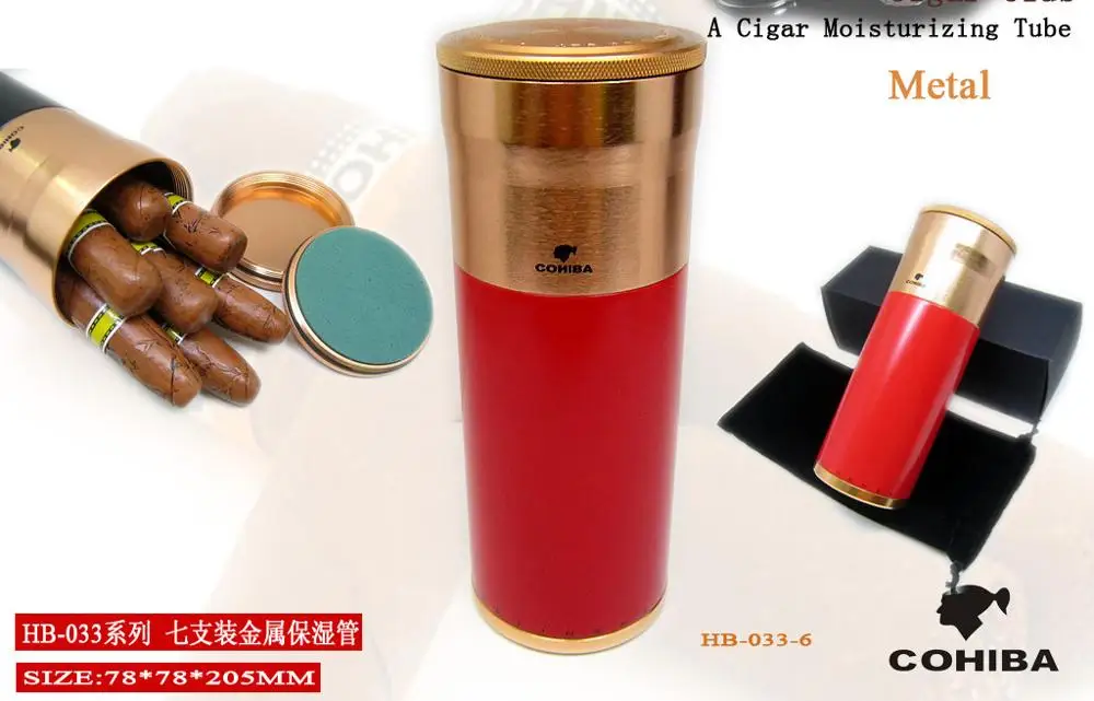 Красный Хьюмидор для сигар Cohiba кейс горшок с увлажнителем дорожный тюбик увлажняющего средства красный большой металлический открытый сигарный бак удерживайте 7 сигар HB033 - Цвет: Красный