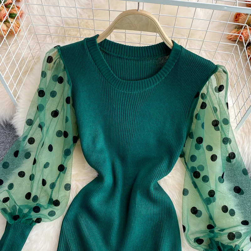 

2021 Autumn New Dot Puff Sleeve Stitching Female Sweater Dress Knitted Bottoming Slim Women Robe Elegant Knitting Vestido Mujer