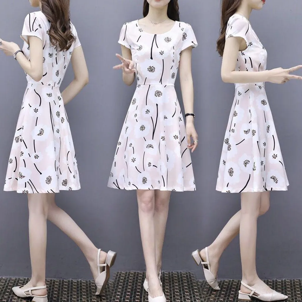 Женское модное летнее платье до колена с круглым вырезом и коротким рукавом